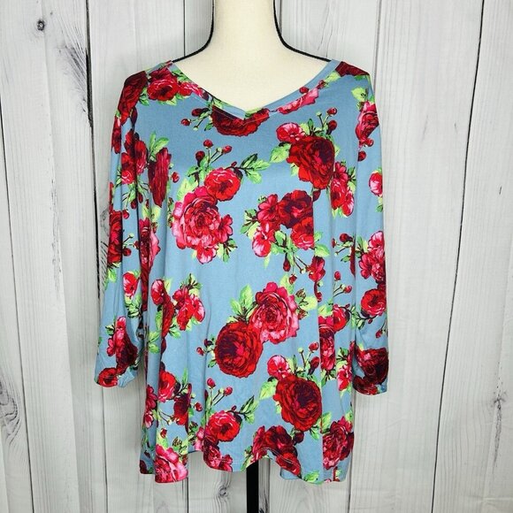PIONEER WOMAN Tunic Top Shirt Knit Floral Sz XXL 3/4 Sleeve V-Neck - Picture 1 of 10